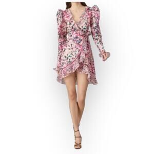 ROCOCO SAND Mimi Wrap Mini Dress Women's Med Pink Green Abstract Long Sleeve